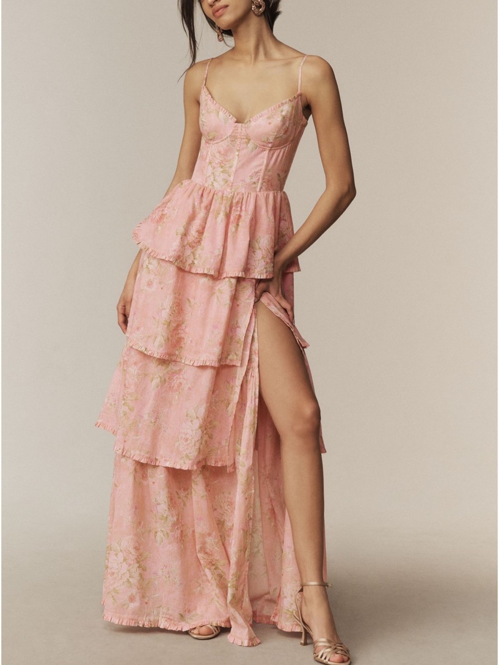 V. Chapman Pink Tiered High-Low Maxi Dress with Slit